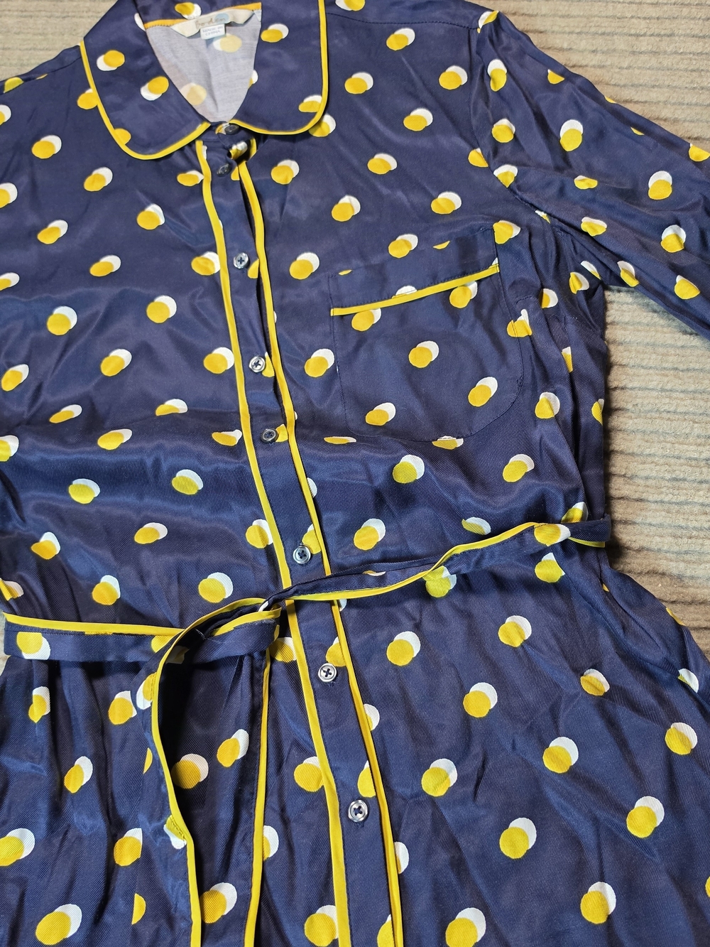 Boden Jenna Button Up Shirt Dress  US 8R Navy- Yellow Polka Dots Tie Midi Length - Picture 3 of 11